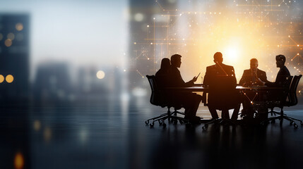 Fototapeta premium group of professionals sitting around conference table, engaged in discussion, with glowing background that symbolizes innovation and collaboration