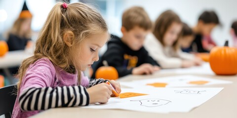 Fototapeta premium A child engaged in a creative arts and crafts activity, holding an orange paper cutout in a classroom setting.