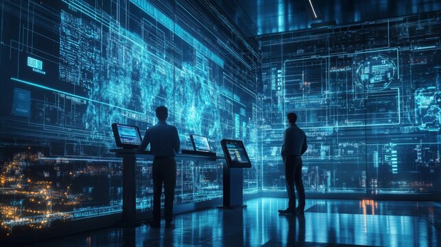 Two individuals are engaged in data analysis, standing in front of glowing digital displays that showcase information and visuals - Powered by Adobe