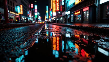 Close-Up of Neon Street Signs Reflected in a Puddle on a Rainy Night