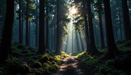 Fototapeta premium Dark Forest with a Single Ray of Sunlight Breaking Through the Canopy to Illuminate a Path