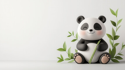 Obraz premium cheerful cartoon style panda sitting down, holding bamboo, surrounded by green leaves, exuding playful and joyful vibe