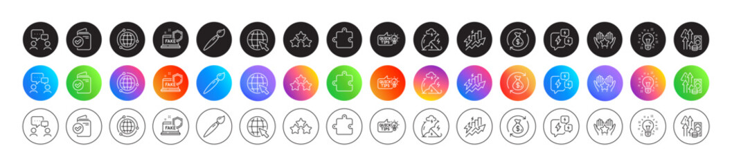 Education idea, Fake internet and Verification document line icons. Round icon gradient buttons. Pack of Brush, Ranking stars, Stress icon. Globe, Ranking, Inflation pictogram. Vector