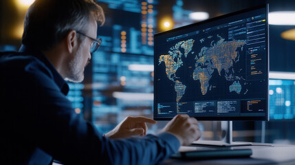 focused business executive analyzes global data on computer screen, showcasing world map with vibrant digital information. atmosphere is high tech and professional, emphasizing importance of data in