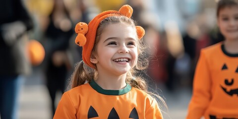 A joyful child in a pumpkin costume smiles brightly during a festive celebration, capturing the spirit of Halloween excitement.