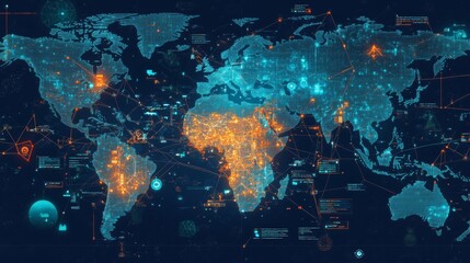 An intricate digital representation of a world map highlights cities and data connections across the globe. Bright colors indicate activity and information exchange between various regions.