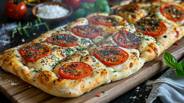 A freshly baked flatbread topped with tomato slices, herbs, and cheese rests on a wooden cutting board