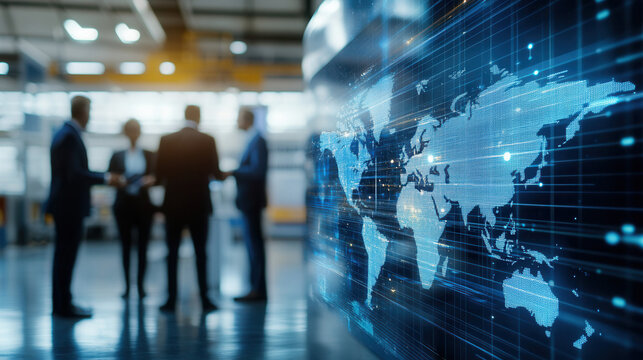 Business professionals engage in discussions at international trade fair booth, with digital world map displayed prominently. atmosphere is dynamic and collaborative, highlighting global connections