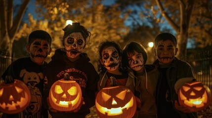 Fototapeta premium A group of children are holding pumpkins and wearing Halloween makeup