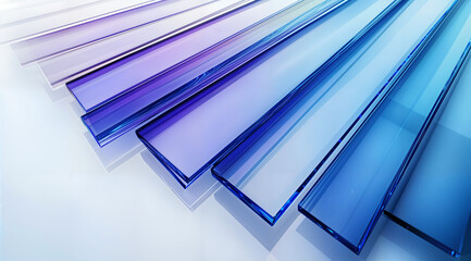 Horizontally arranged glass panels in gradient blue and purple tones. In 3D style. Abstract geometric concept. For background and presentation.