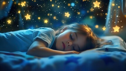 A child sleeps peacefully in a cozy bedroom, surrounded by floating stars and soft moonlight casting a magical glow on their face.