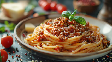 Yummy Italian spaghetti Bolognese, cinematic food photography, studio lighting and background