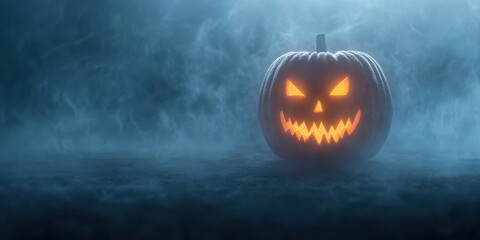 A spooky, glowing jack-o'-lantern surrounded by mist, perfect for Halloween themes and autumn celebrations.