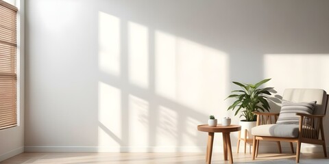 A minimalist living room with a wooden side table and a potted plant, with soft natural light streaming in through the window.