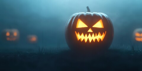 Obraz premium A spooky glowing pumpkin with jagged teeth set against a foggy Halloween night background, perfect for seasonal decorations.
