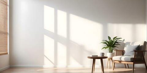 A minimalist living room with a wooden side table and a potted plant, with soft natural light streaming in through the window.