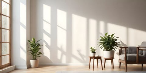 A minimalist living room with a wooden side table and a potted plant, with soft natural light streaming in through the window.