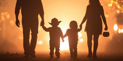 Fototapeta premium A warm family moment, silhouettes of parents and children holding hands against a glowing background at dusk.