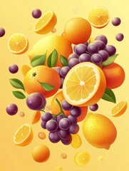 Vibrant and Flavorful Assortment of Luscious Citrus Fruits and Plump Grapes Artfully Arranged on a