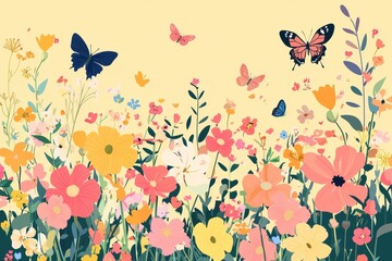 Vibrant Blooming Flowers in a Stylized Garden Landscape