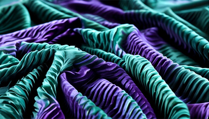 Textured fabric drapes in vibrant green and purple hues, showcasing intricate folds