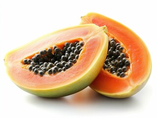 Closeup of a half cut ripe and juicy tropical papaya fruit with its vibrant orange flesh and black seeds isolated on a clean white background  The papaya is a nutritious and exotic superfood