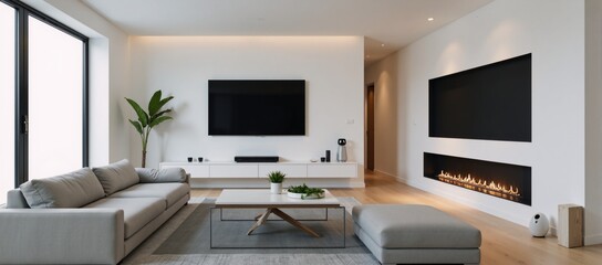 Modern smart-home tech meets comfortable relaxation sleek living space boasts gray sofa amidst cutting-edge gadgetry
