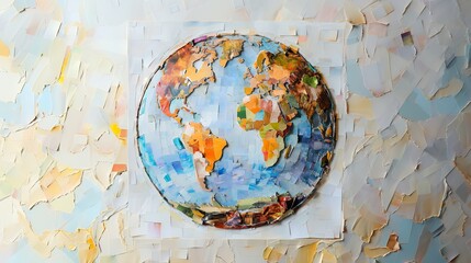 A colorful and abstract painting of the Earth. The globe is made up of small pieces of paper, creating a mosaic effect.