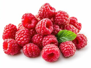 Closeup of a bunch of fresh ripe and juicy red raspberries isolated on a clean white background ...