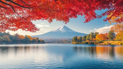 Fototapeta premium Mount Fuji, Lake, Autumn Trees, Red Leaves