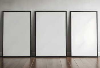 Three empty picture frames on a wooden floor against a white wall.