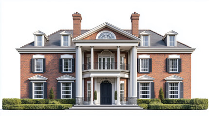 Georgian-style house with symmetrical façade and brick exterior isolated on white background