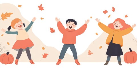 Naklejka premium Joyful children celebrating autumn with falling leaves and pumpkins, capturing the essence of seasonal fun and happiness.