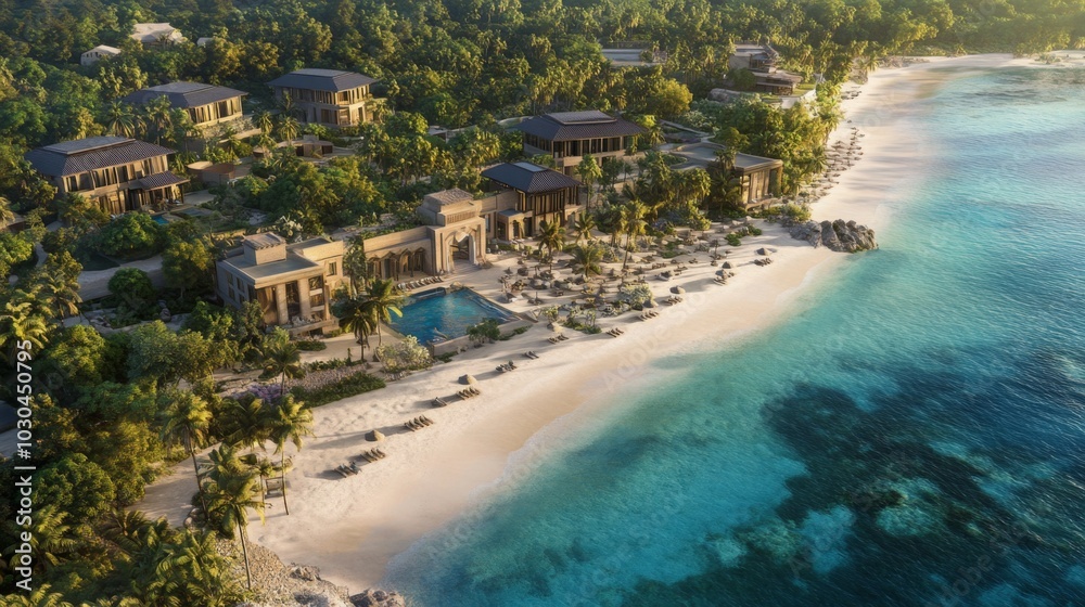 Poster a stunning resort nestled along a pristine beach features luxurious villas surrounded by palm trees.