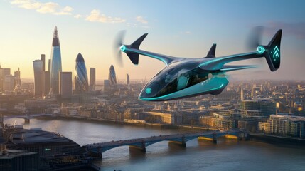 A Sleek electric air taxi is hovering above futuristic city skyline, smooth aerodynamic design, golden hour sunlight, futuristic modern transportation concept.