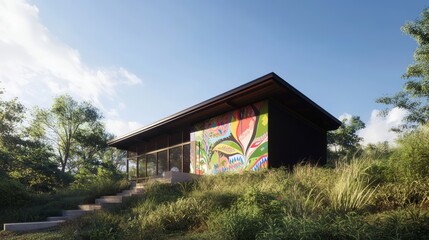 Fototapeta premium Vibrant Community Art Mural on Sustainable Modular House - 3D Render Illustration Infused with Local Culture and Sustainability Themes