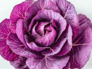 Obraz premium Vibrant and shiny purple cabbage with intricate and textured leaves isolated on a clean white background This close up image showcases the natural beauty and organic pattern of this fresh healthy