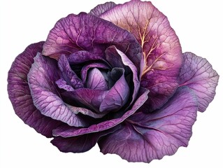 Obraz premium Vibrant and Shiny Purple Cabbage Blossom with Detailed Leaves Isolated on a Clean White Background This Floral Botanical Macro Shot Showcases the Natural Beauty and Luxurious Texture of this Organic