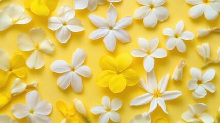 Fototapeta premium Bright yellow background with soft white and yellow spring flowers scattered, creating a fresh and cheerful spring theme