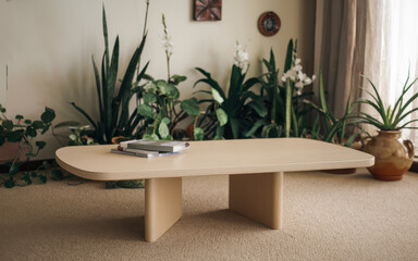 Wooden coffee table in elegant living room interior with vintage armchair, green plant in pot and poster in frame, real photo