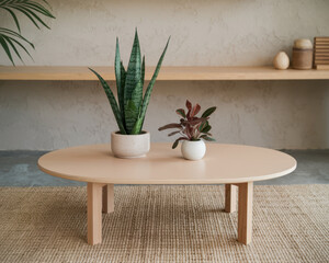 Wooden coffee table in elegant living room interior with vintage armchair, green plant in pot and poster in frame, real photo