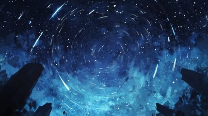 Cartoon drawing of a meteor shower, top view of the night sky, colored in pastels, capturing the beauty of celestial events