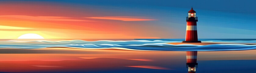 Obraz premium Animated lighthouse reflecting the sunset on the beach, triadic color harmony, flat design with gentle waves