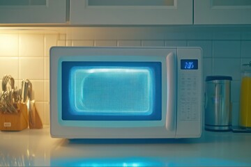 Obraz premium Futuristic microwave glowing with digital controls in a modern kitchen