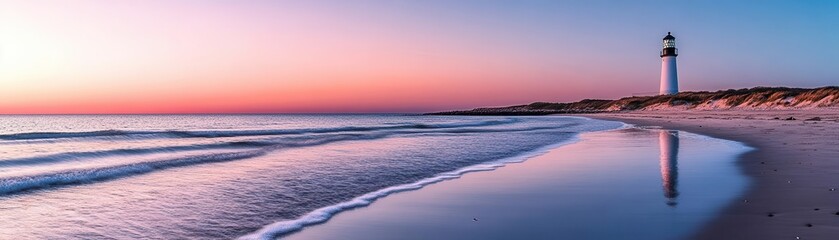 Calm beach, lighthouse bathed in triadic sunset hues, animated flat waves lapping against the shore
