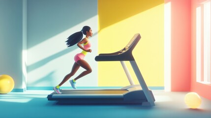 Fototapeta premium Cartoon-style runner on a treadmill with pastel hues, showcasing a cardio workout in a soft-colored gym scene, animated in flat design