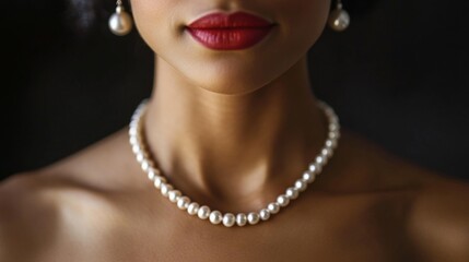 Elegant Close-Up of Model with Pearls and Red Lips