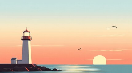 Serene coastal lighthouse at sunset, pastel sky, calm sea, minimalist flat design