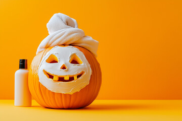Beauty spa relaxation pumpkin, facial skincare advertisement humor for October, November special for women. Seasonal Thanksgiving sales add with funny healthy carved Halloween pumpkin, head towel