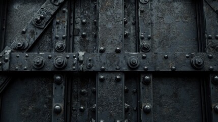 Close-up of matte black metal with visible wear and scratches, creating a raw industrial vibe, full of mystery.